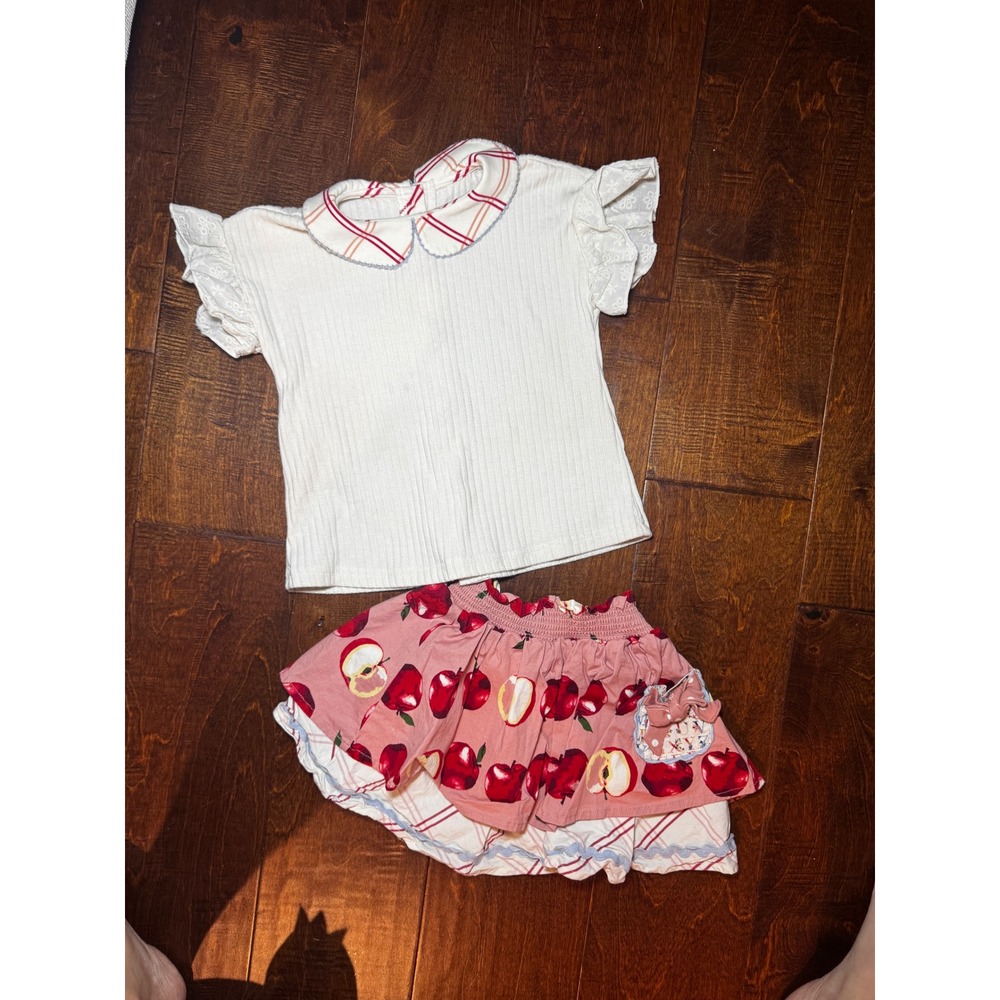 Matilda Jane Girls Apple Print Skirt and Ribbed Peter Pan Collar Top Set Size 4